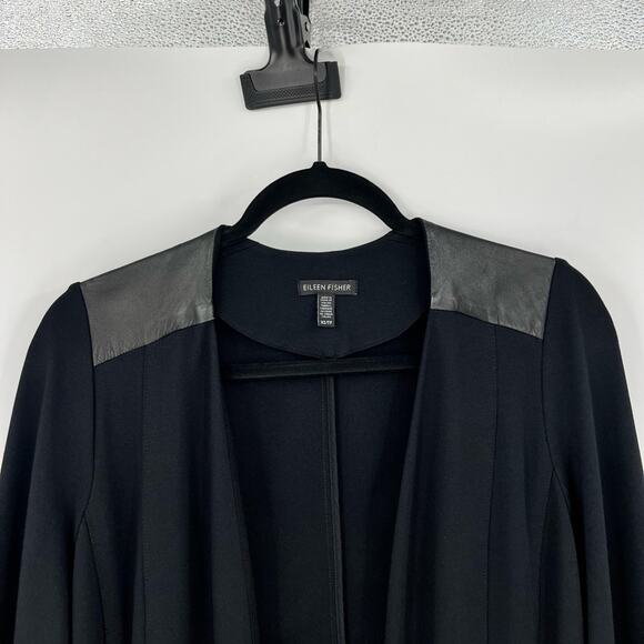 Eileen Fisher Angle Front Jacket Cardigan Ponte Leather Trim Asymmetric Black XS - Picture 9 of 16